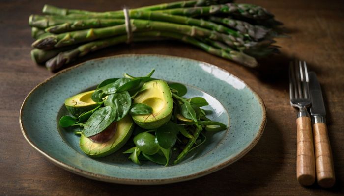 plating with Spinach, Asparagus, and Avocado